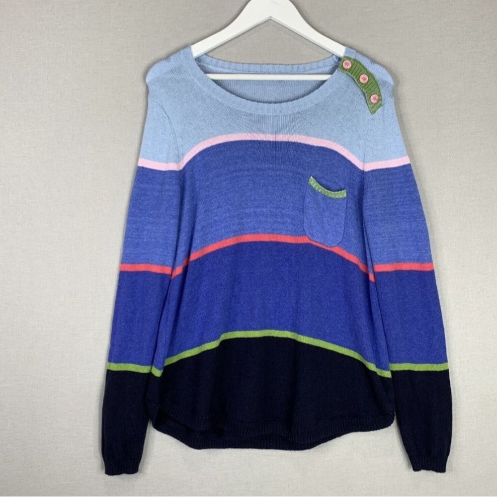 Zaket & Plover Womens Sweater Medium Blue Cashmere Striped Boho Single Pocket
